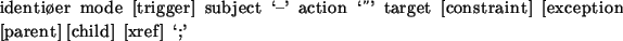 \begin{table}
\sffamily identifier mode [trigger] subject \lq \{' action \lq \}' targe...
...onstraint]
[exception] \mbox{[parent]} [child] [xref] \lq ;'
\normalfont\end{table}